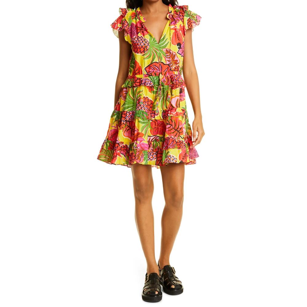 Farm Rio Fruit Dream Ruffle Cotton Pineapple Print Mini‎ Dress Size Small NWT